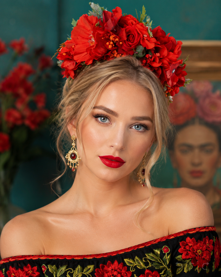 Red Frida Kahlo Flower Crown  for Weddings  Parties