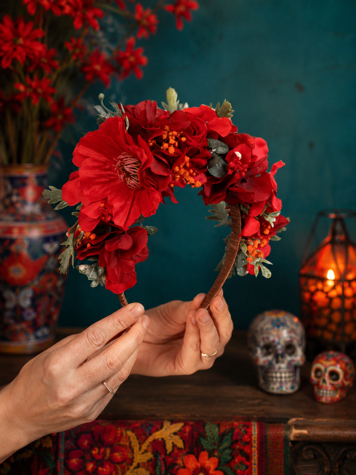 Red Frida Kahlo Flower Crown  for Weddings  Parties