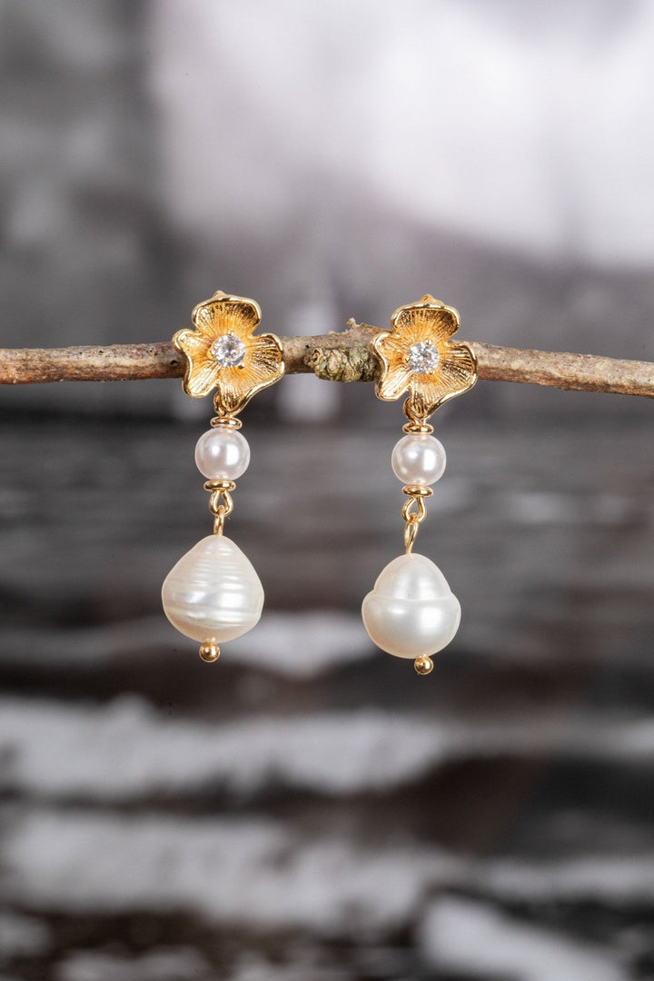 Art Deco Gold - Filled Flower Stud Earrings with Freshwater Pearl Drop - OlhaHeadband