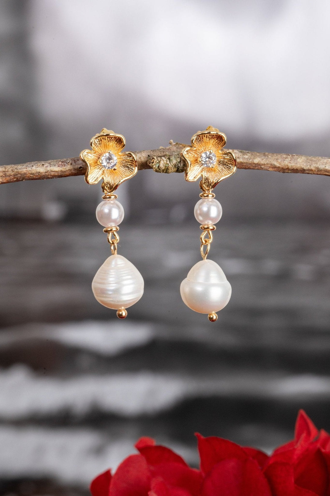 Art Deco Gold - Filled Flower Stud Earrings with Freshwater Pearl Drop - OlhaHeadband