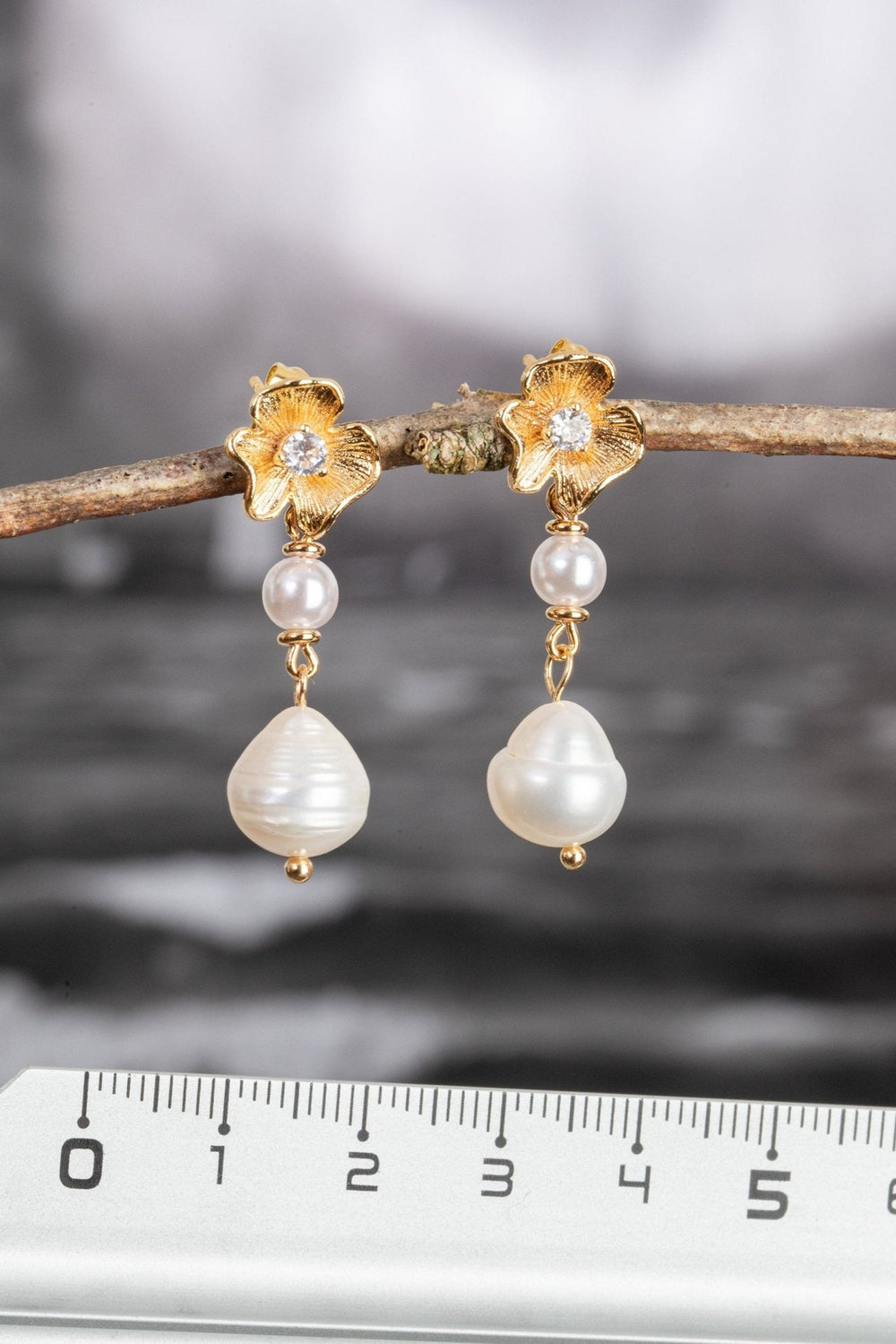 Art Deco Gold - Filled Flower Stud Earrings with Freshwater Pearl Drop - OlhaHeadband