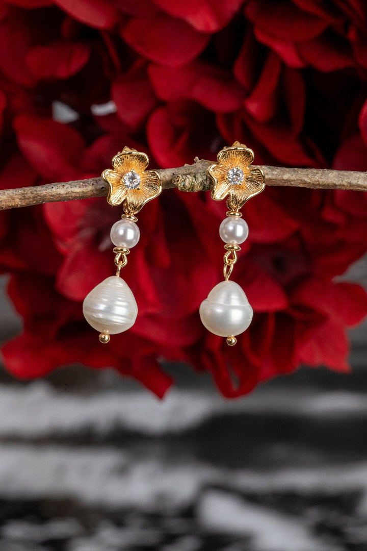 Art Deco Gold - Filled Flower Stud Earrings with Freshwater Pearl Drop - OlhaHeadband