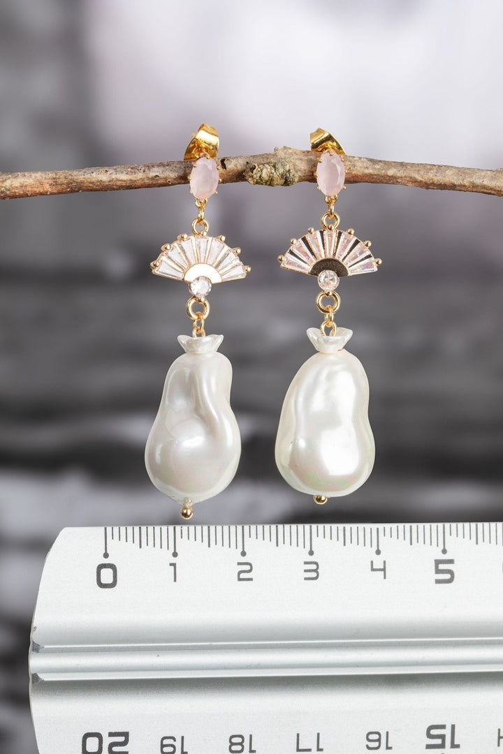 Baroque Pearl Earrings with Pink Gemstone & Ceramic Pearl - OlhaHeadband