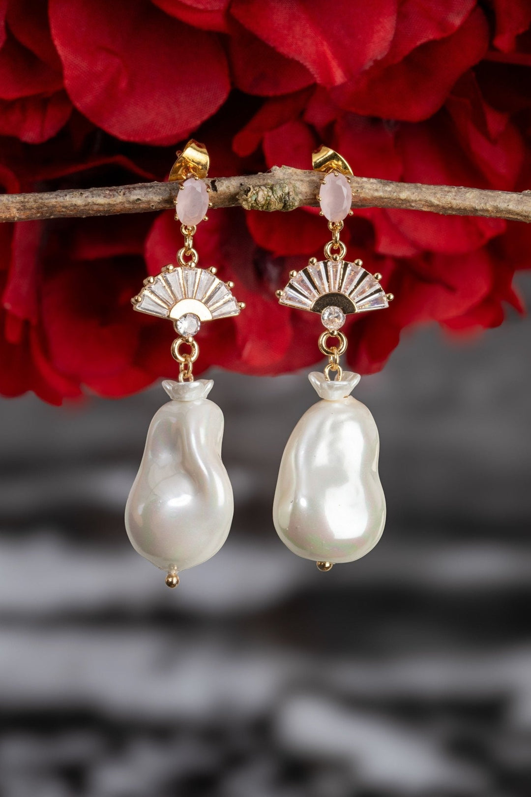 Baroque Pearl Earrings with Pink Gemstone & Ceramic Pearl - OlhaHeadband