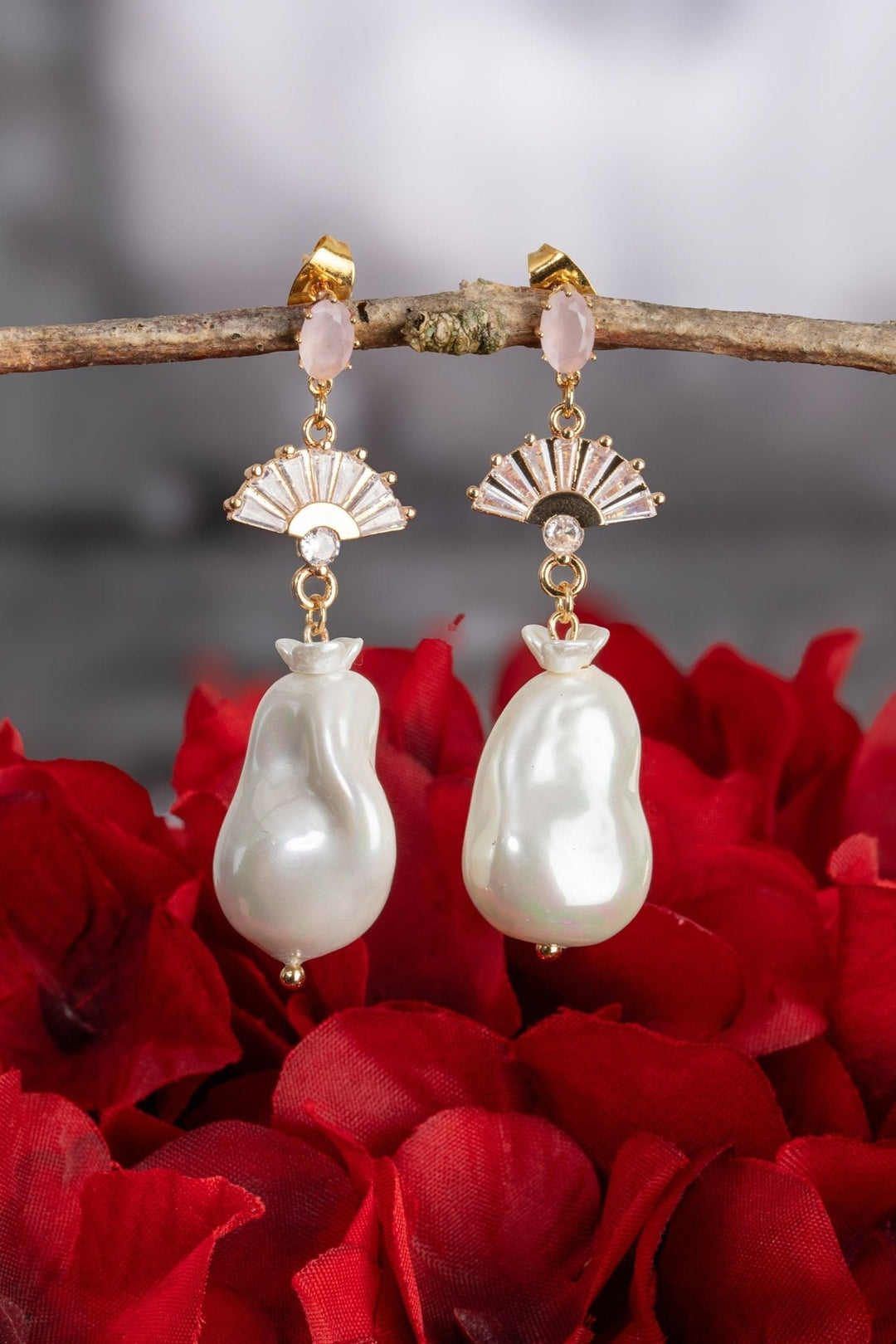 Baroque Pearl Earrings with Pink Gemstone & Ceramic Pearl - OlhaHeadband