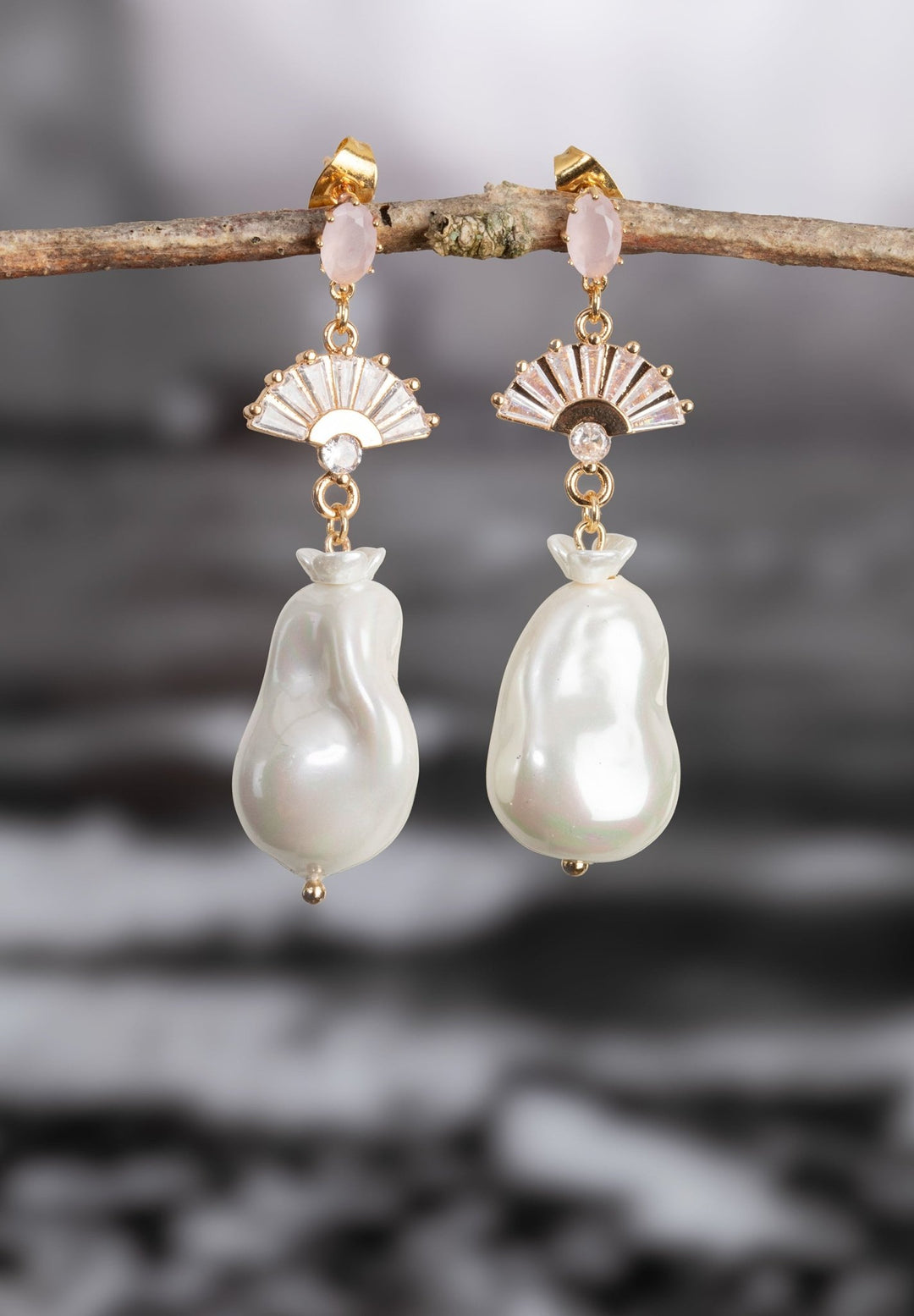 Baroque Pearl Earrings with Pink Gemstone & Ceramic Pearl - OlhaHeadband