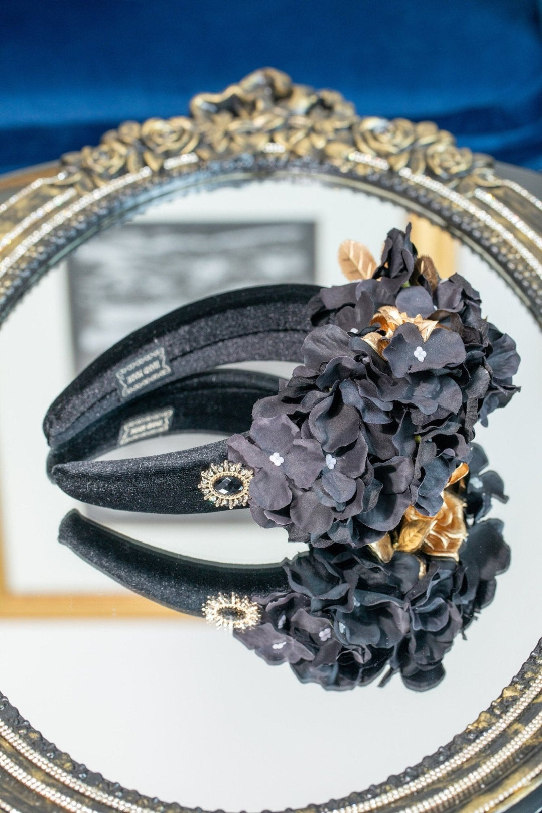 BLACK and GOLD FLOWER FASCINATOR - OlhaHeadband