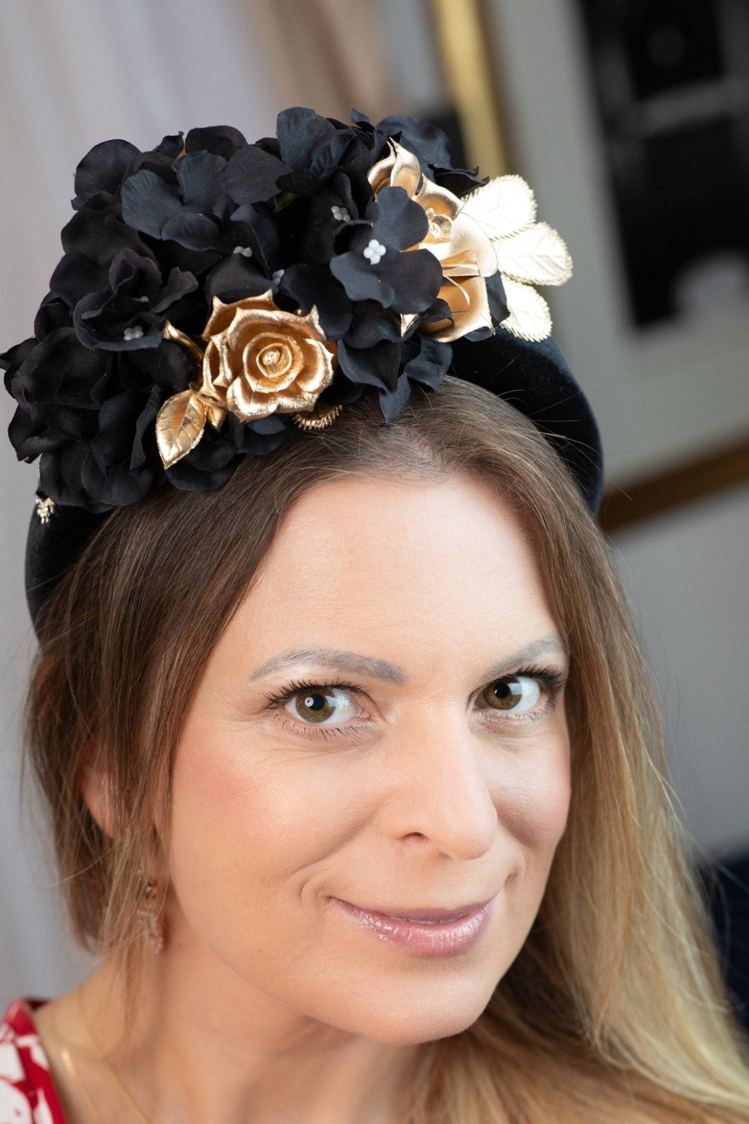 BLACK and GOLD FLOWER FASCINATOR - OlhaHeadband