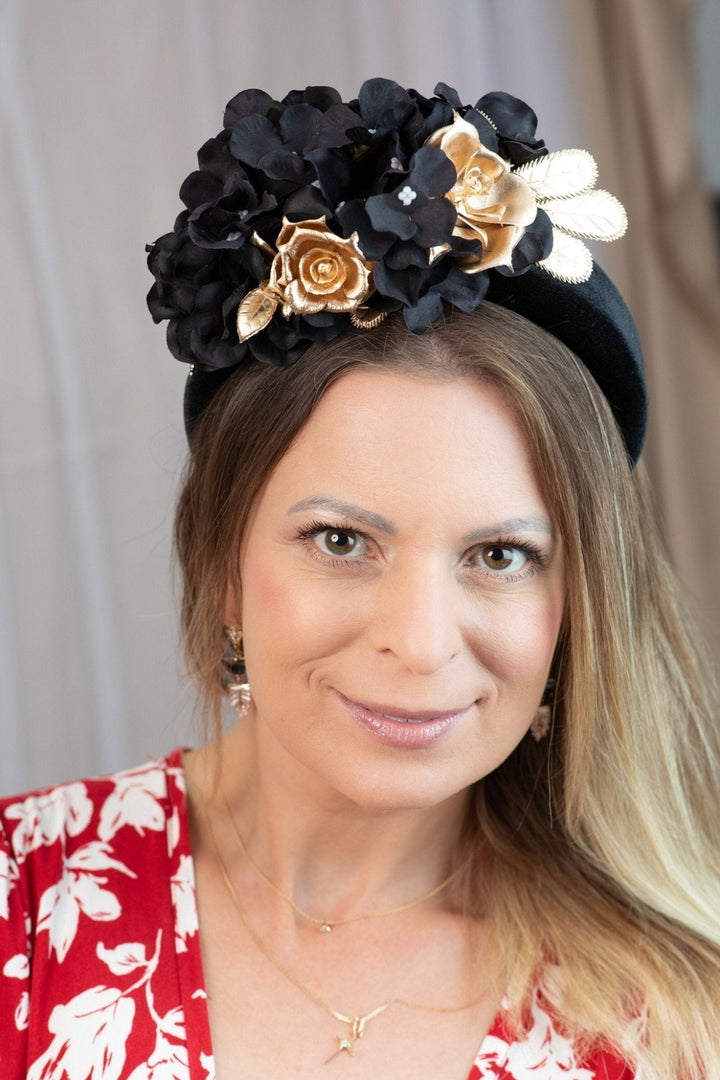 BLACK and GOLD FLOWER FASCINATOR - OlhaHeadband