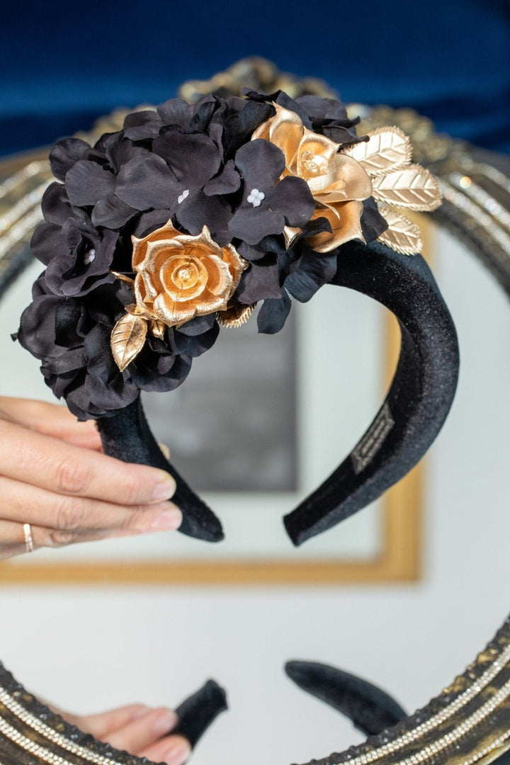 BLACK and GOLD FLOWER FASCINATOR - OlhaHeadband