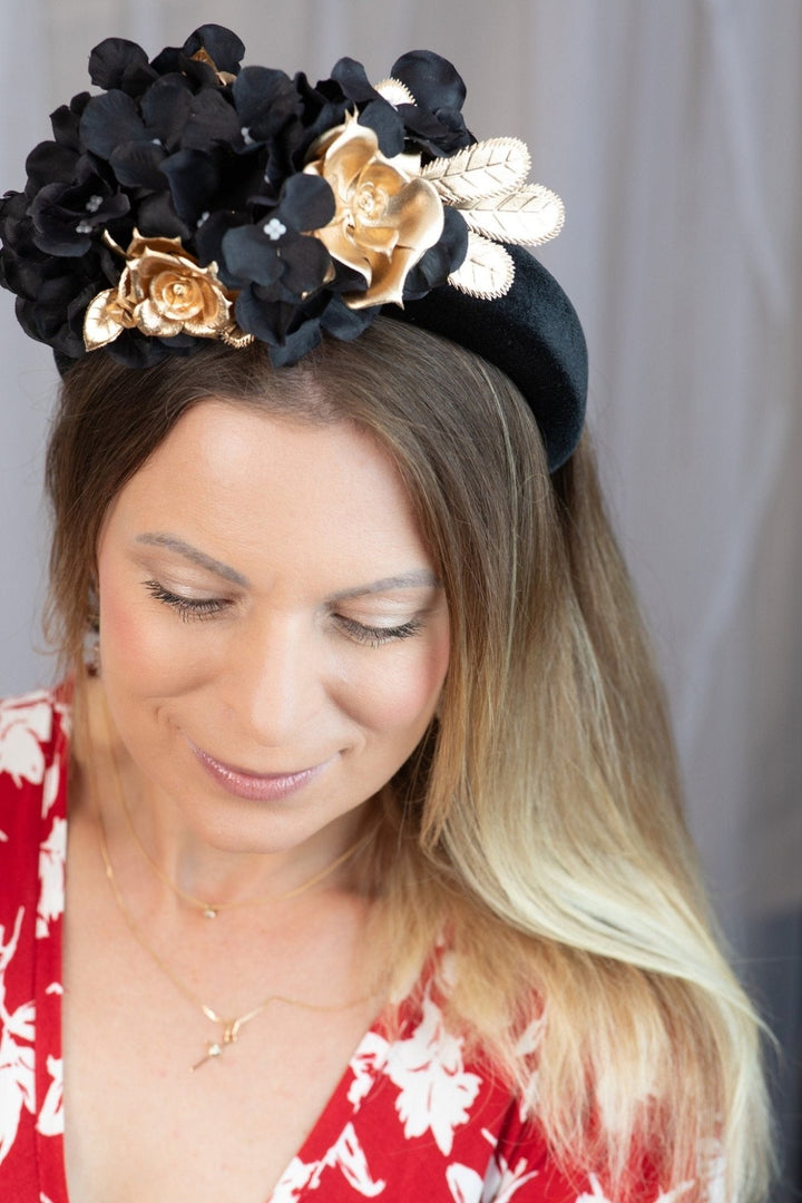 BLACK and GOLD FLOWER FASCINATOR - OlhaHeadband