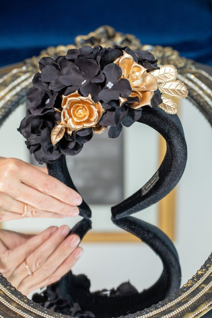 BLACK and GOLD FLOWER FASCINATOR - OlhaHeadband