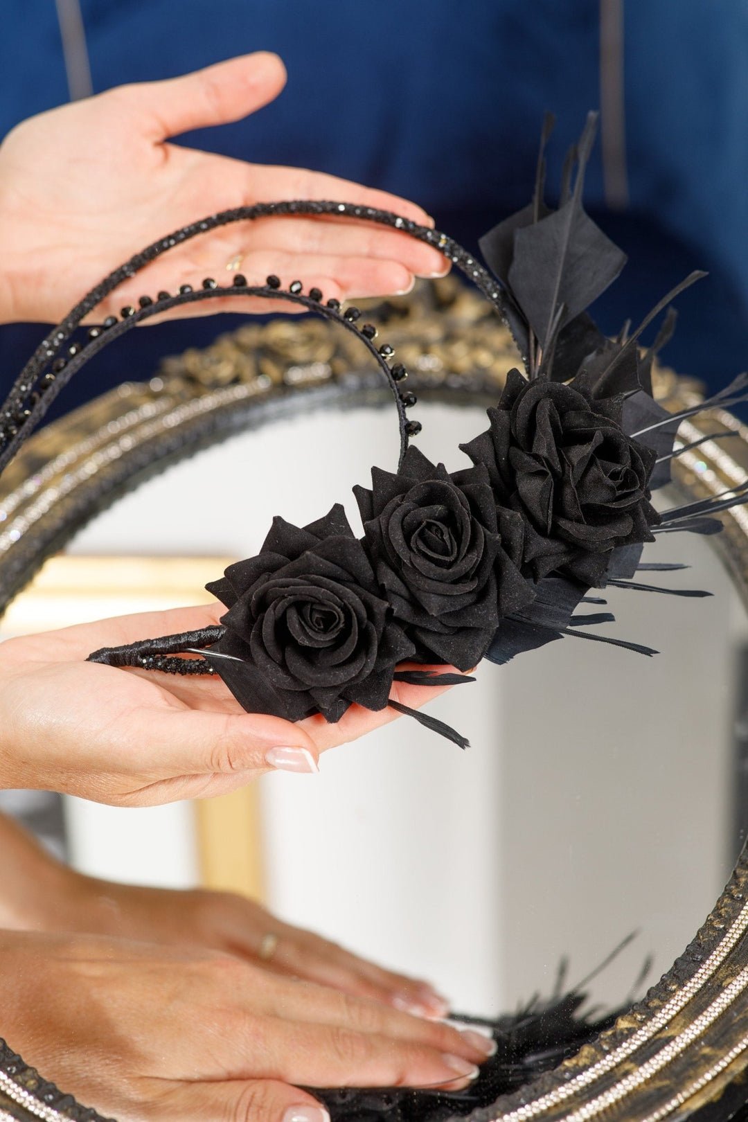 black fascinator with feather and flower - OlhaHeadband