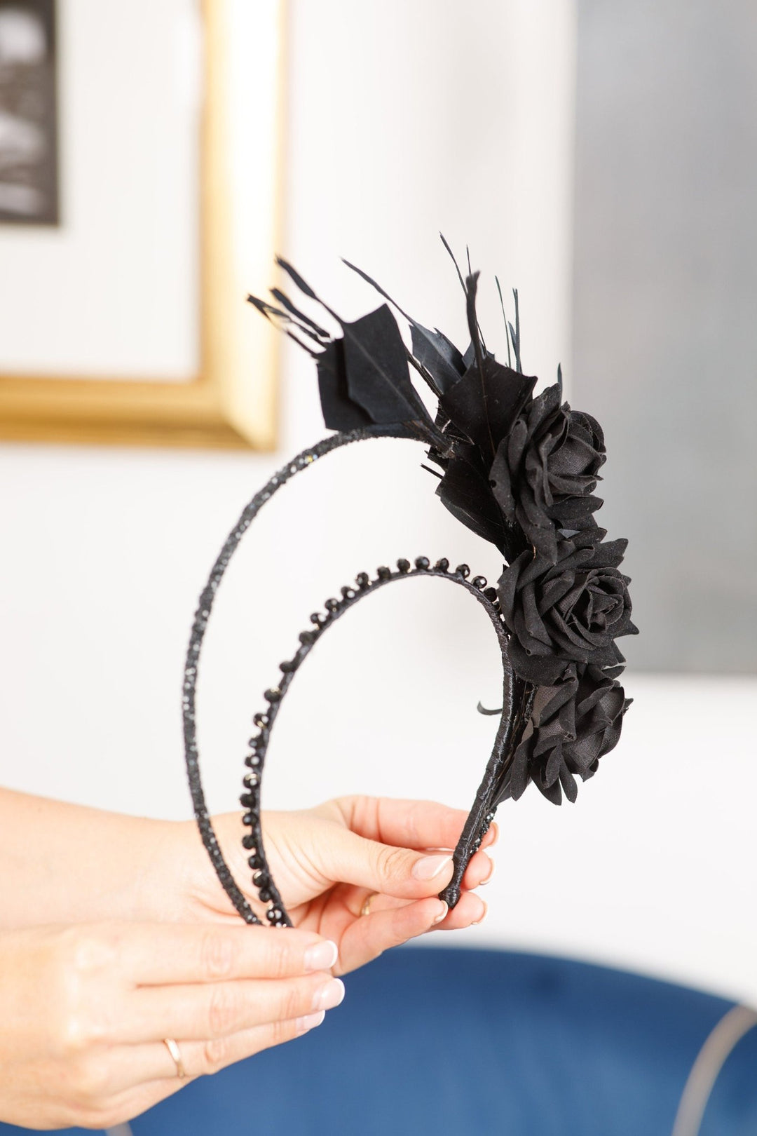 black fascinator with feather and flower - OlhaHeadband