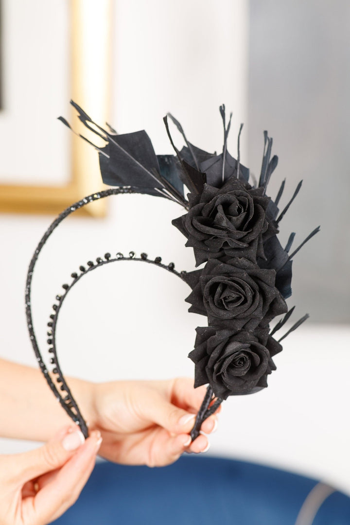 black fascinator with feather and flower - OlhaHeadband