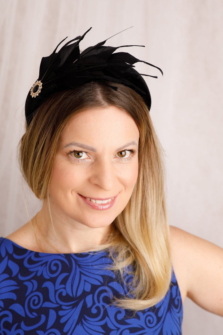 Black feather Padded headband fascinator - OlhaHeadband