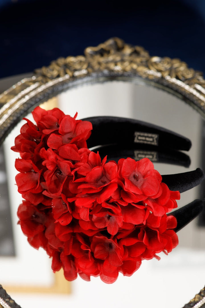 black Padded fascinator and red flowers - OlhaHeadband