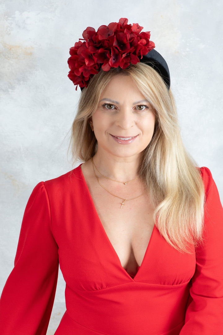 black Padded fascinator and red flowers - OlhaHeadband