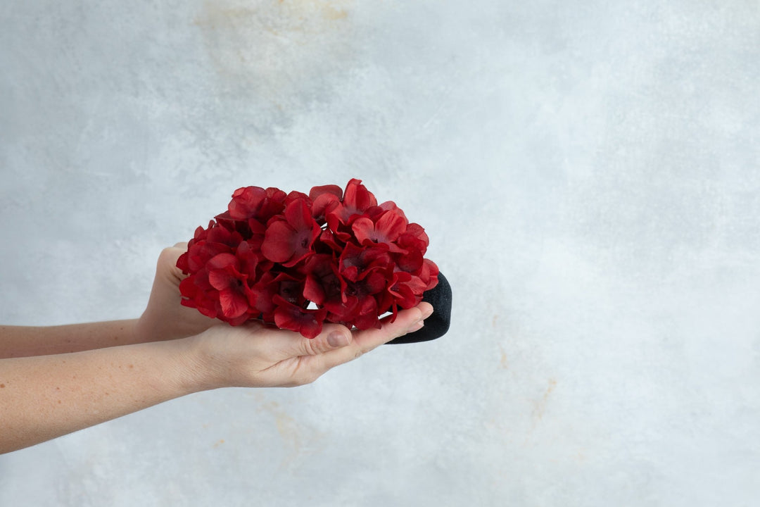 black Padded fascinator and red flowers - OlhaHeadband