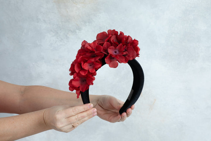black Padded fascinator and red flowers - OlhaHeadband