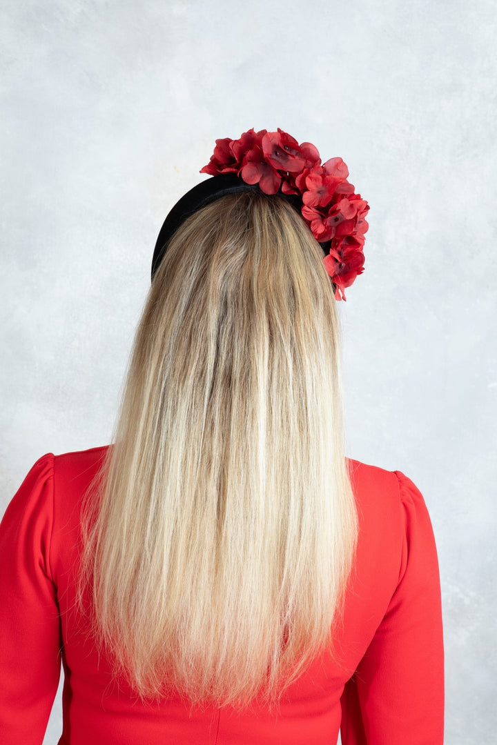 black Padded fascinator and red flowers - OlhaHeadband