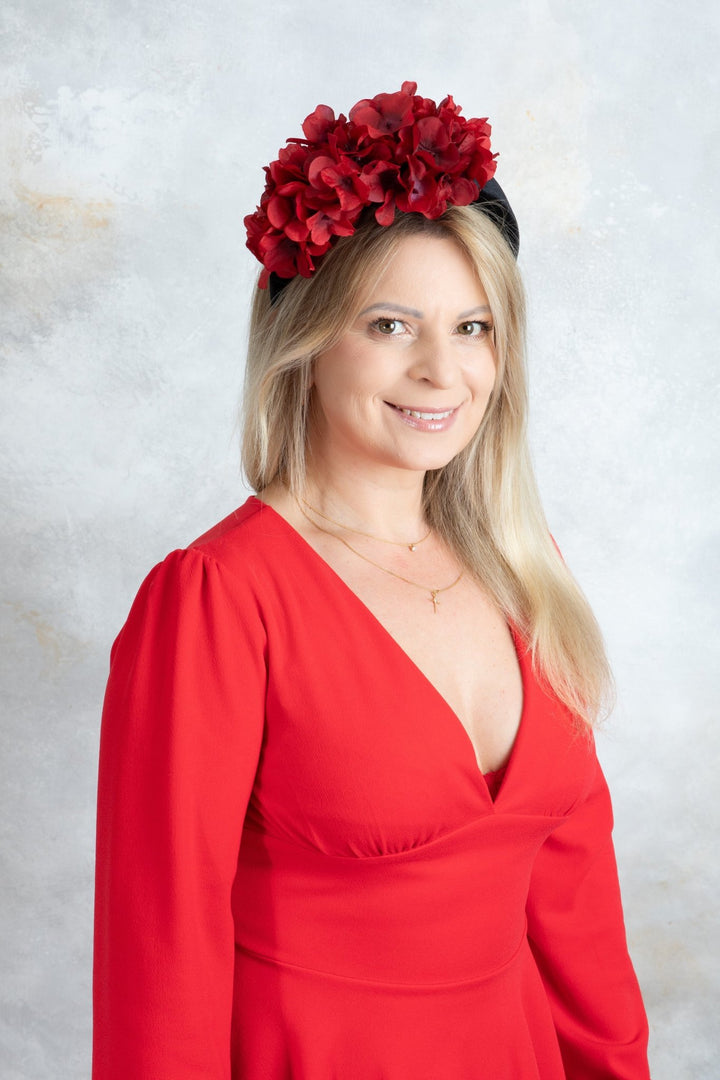 black Padded fascinator and red flowers - OlhaHeadband