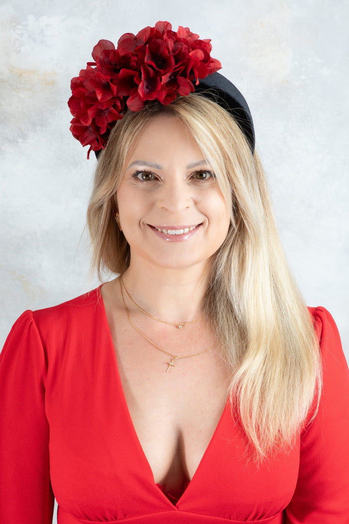 black Padded fascinator and red flowers - OlhaHeadband