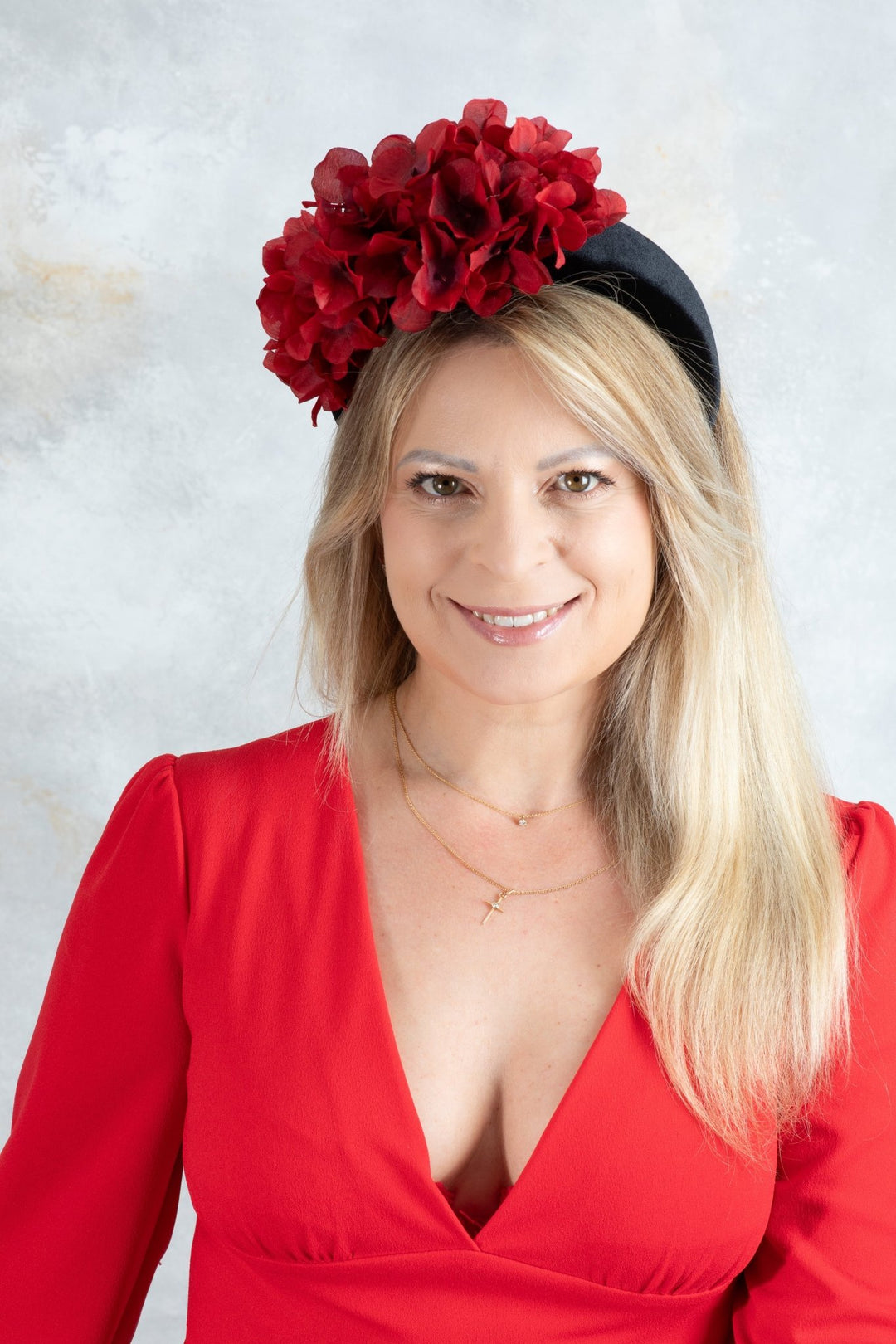 black Padded fascinator and red flowers - OlhaHeadband