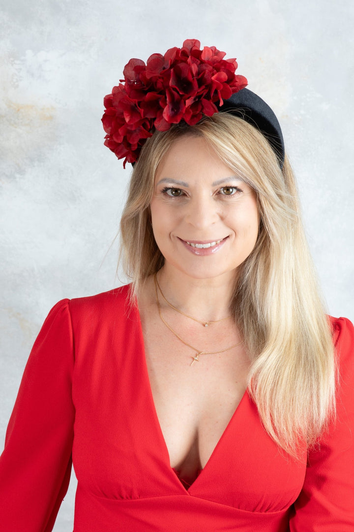 black Padded fascinator and red flowers - OlhaHeadband