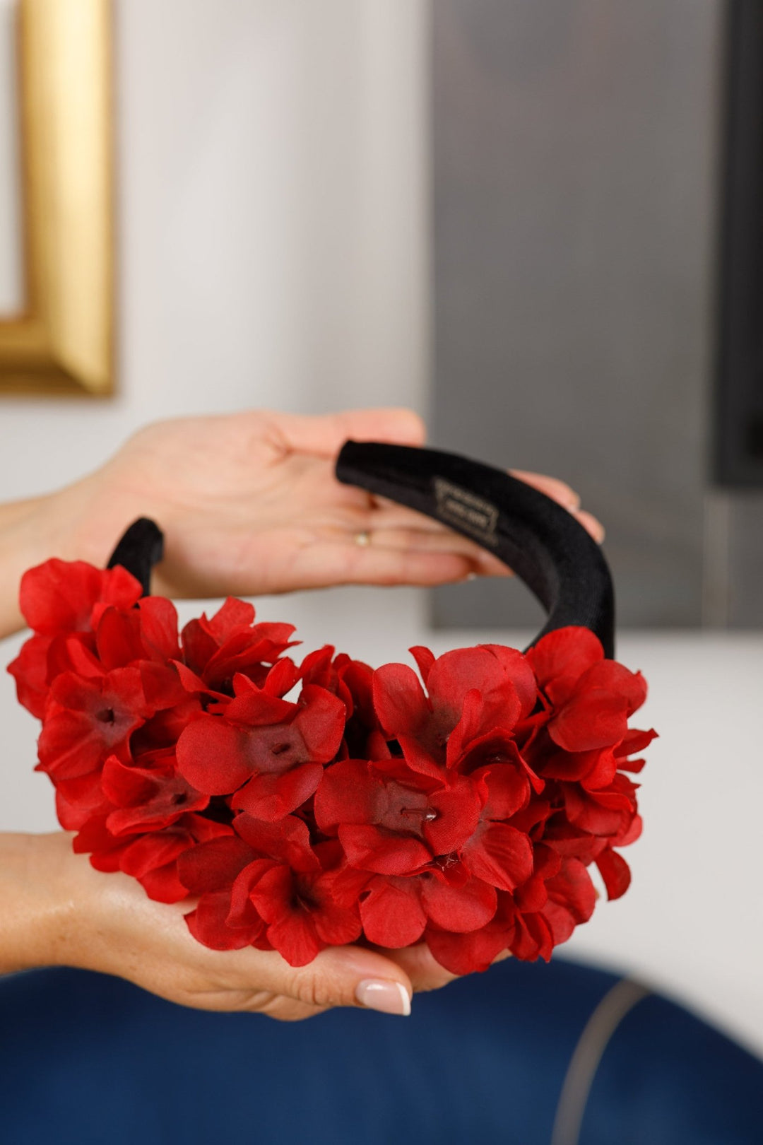 black Padded fascinator and red flowers - OlhaHeadband