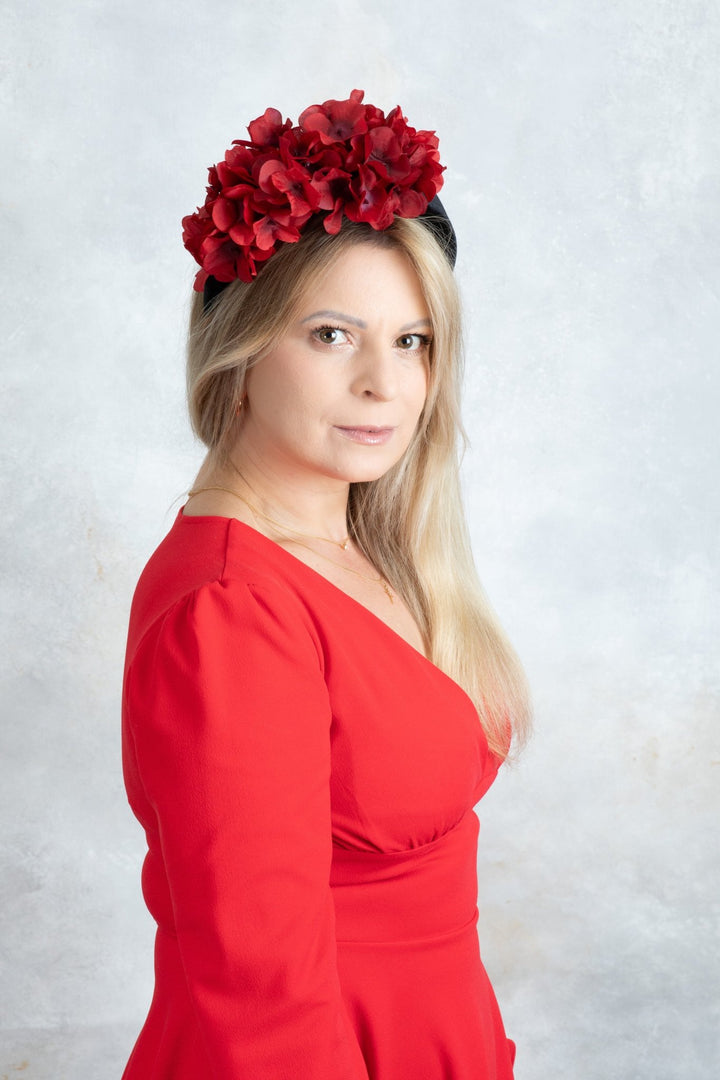 black Padded fascinator and red flowers - OlhaHeadband