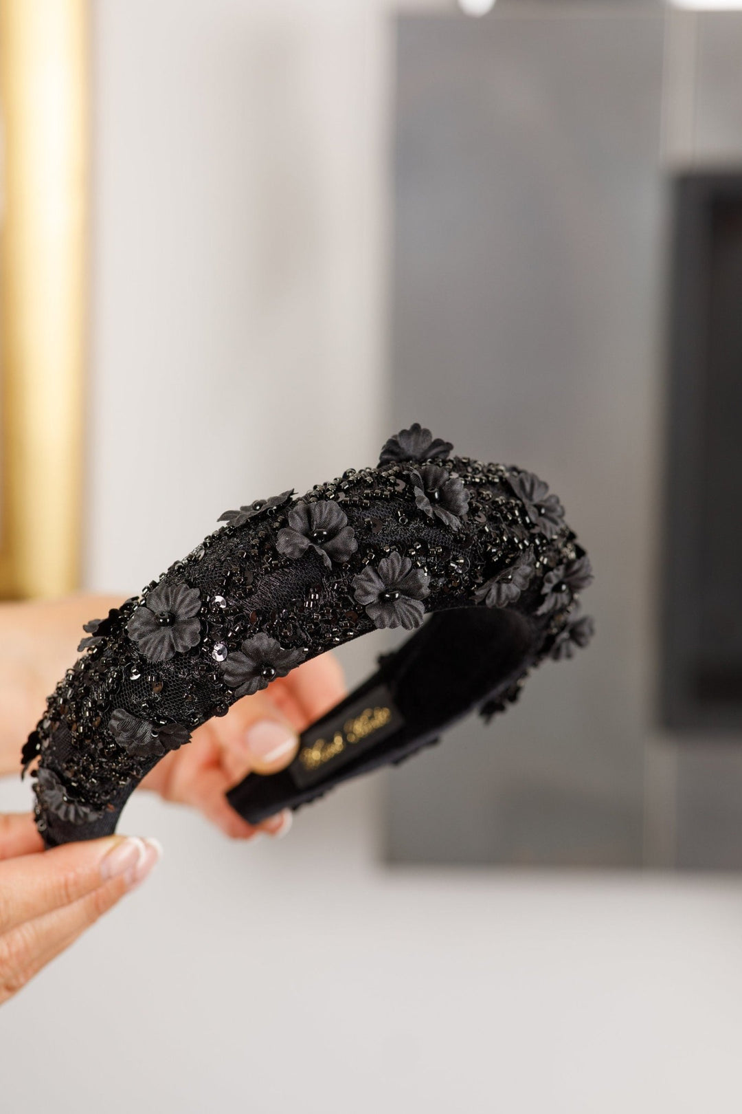 Black padded fascinator Beaded flowers - OlhaHeadband