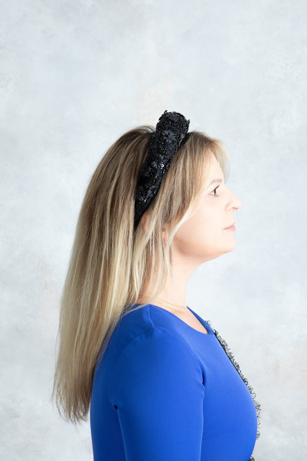 Black padded fascinator Beaded flowers - OlhaHeadband