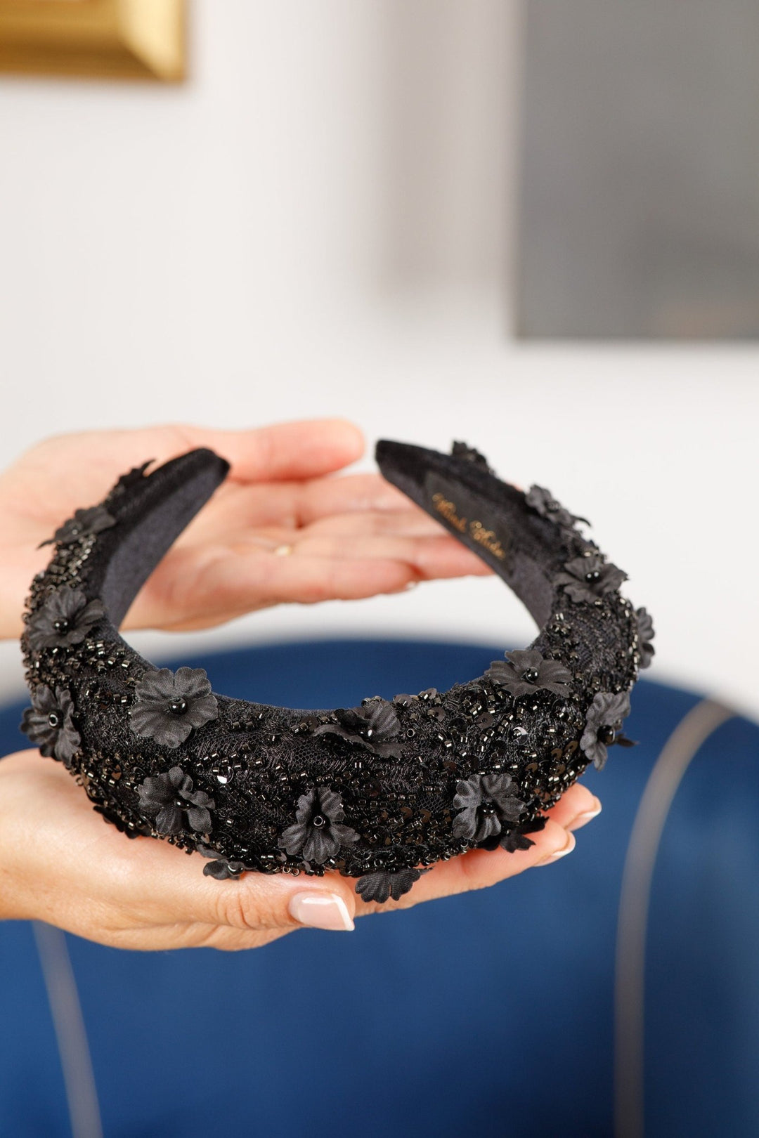 Black padded fascinator Beaded flowers - OlhaHeadband