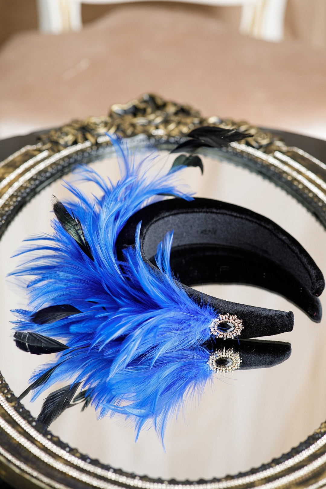 Black Velvet Fascinator Headband with Blue Feathers - OlhaHeadband