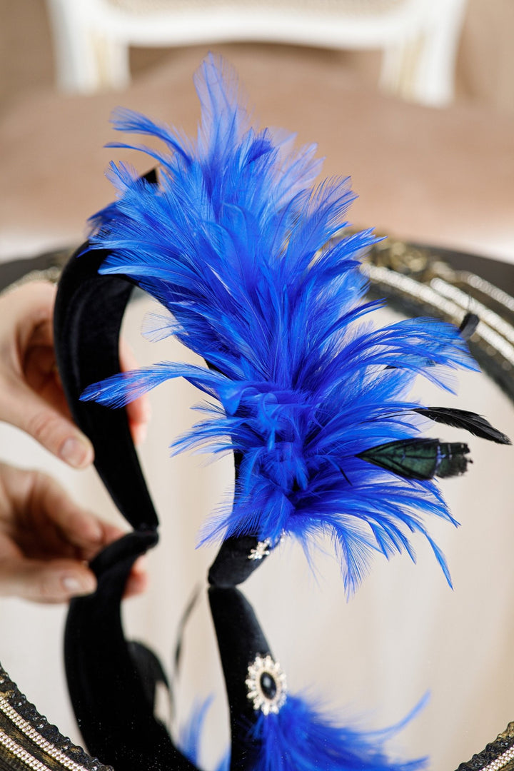 Black Velvet Fascinator Headband with Blue Feathers - OlhaHeadband
