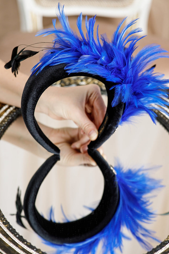 Black Velvet Fascinator Headband with Blue Feathers - OlhaHeadband