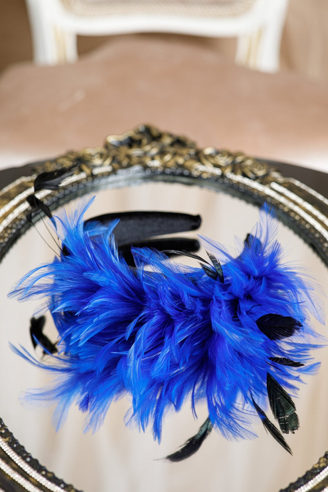 Black Velvet Fascinator Headband with Blue Feathers - OlhaHeadband