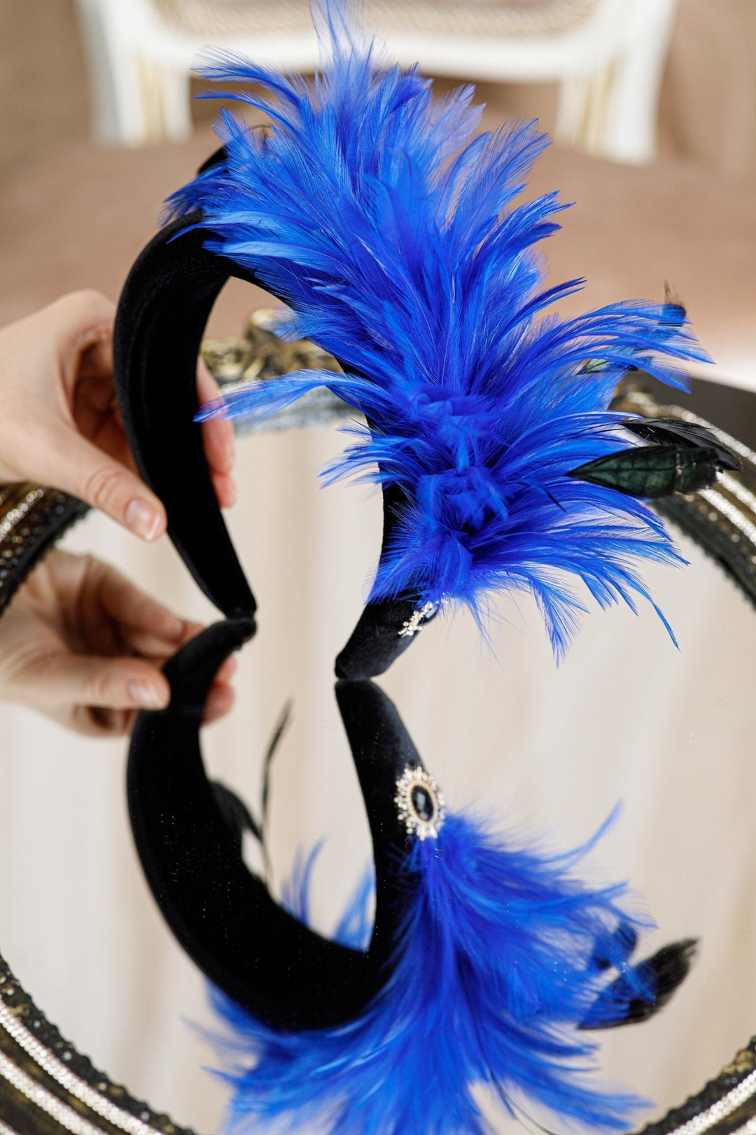 Black Velvet Fascinator Headband with Blue Feathers - OlhaHeadband
