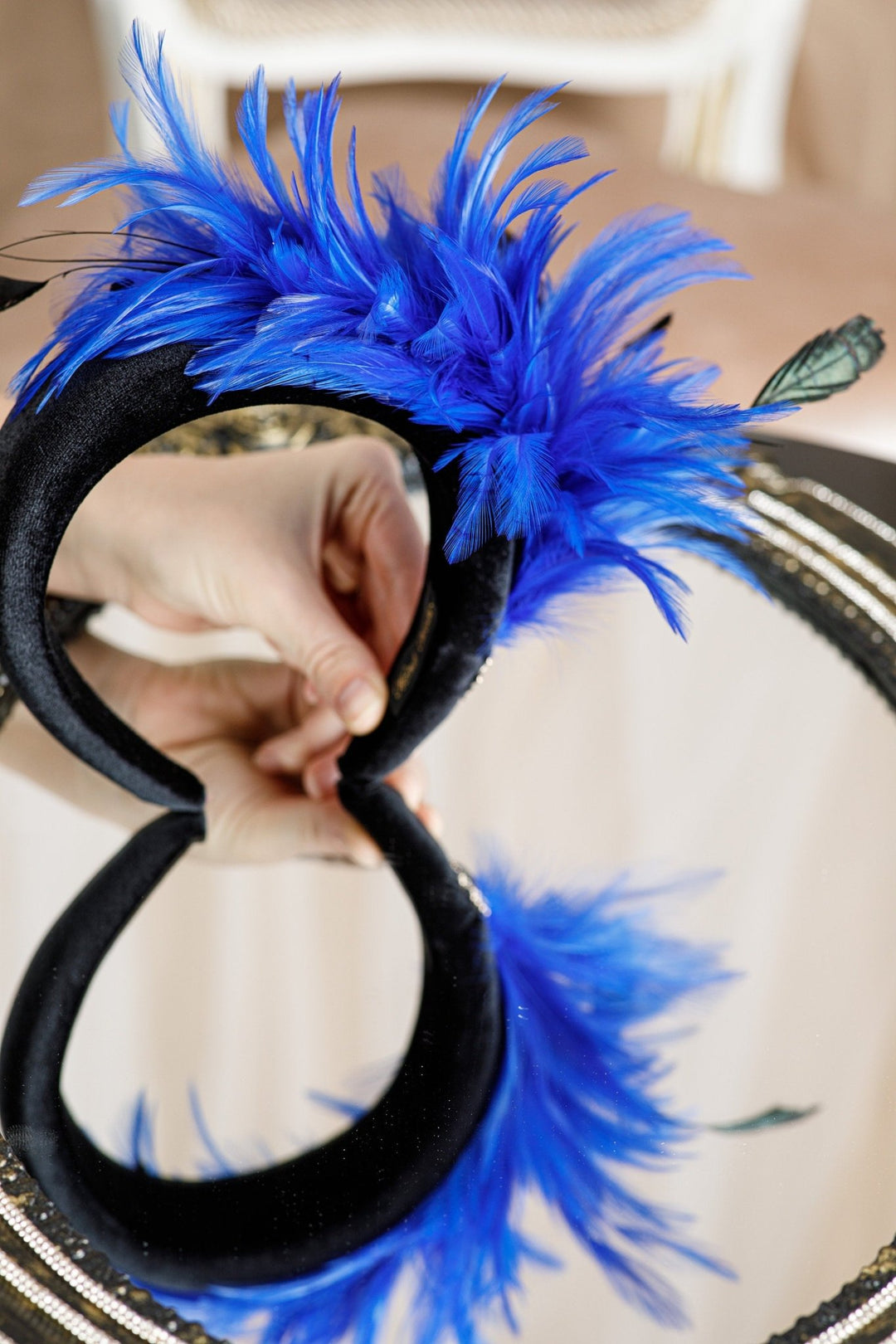 Black Velvet Fascinator Headband with Blue Feathers - OlhaHeadband