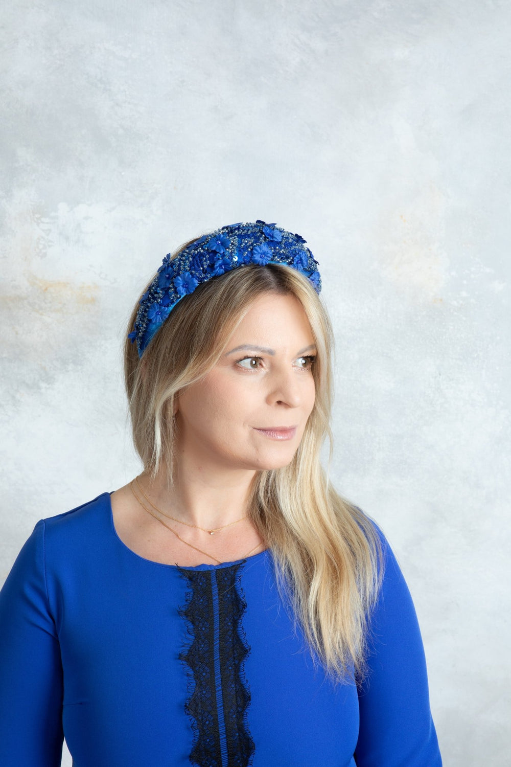 Blue padded fascinator embroidered - OlhaHeadband