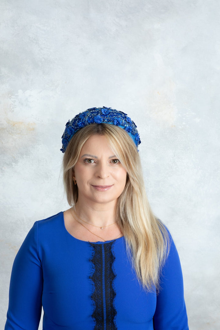 Blue padded fascinator embroidered - OlhaHeadband