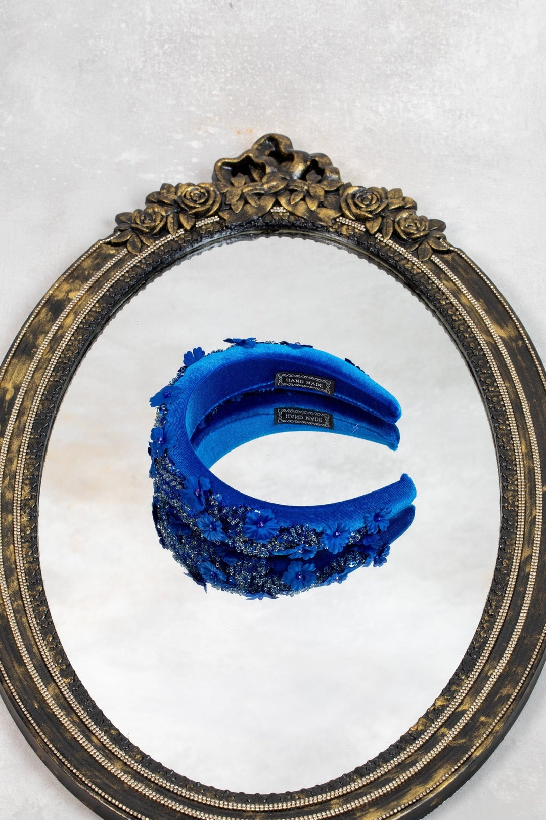 Blue padded fascinator embroidered - OlhaHeadband