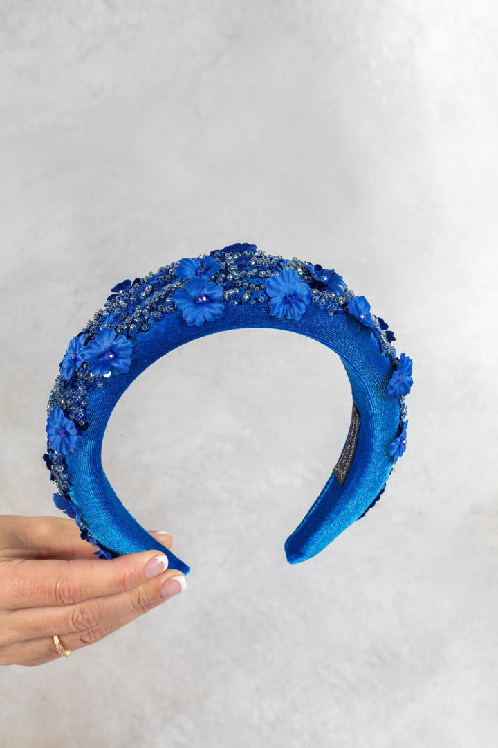 Blue padded fascinator embroidered - OlhaHeadband