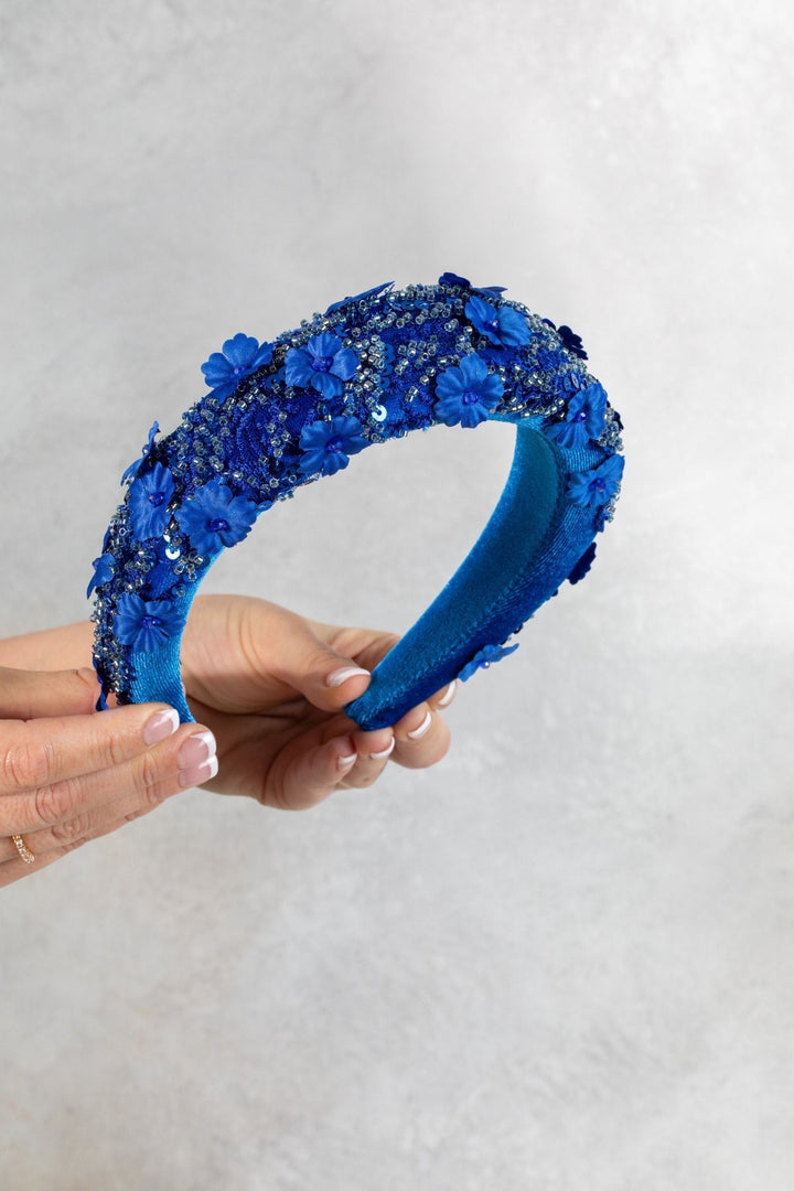 Blue padded fascinator embroidered - OlhaHeadband