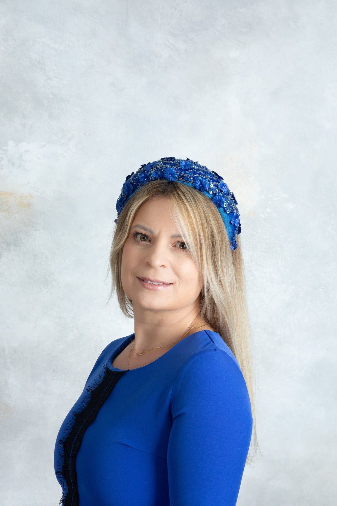 Blue padded fascinator embroidered - OlhaHeadband