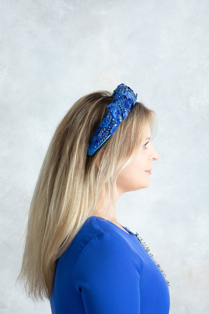 Blue padded fascinator embroidered - OlhaHeadband