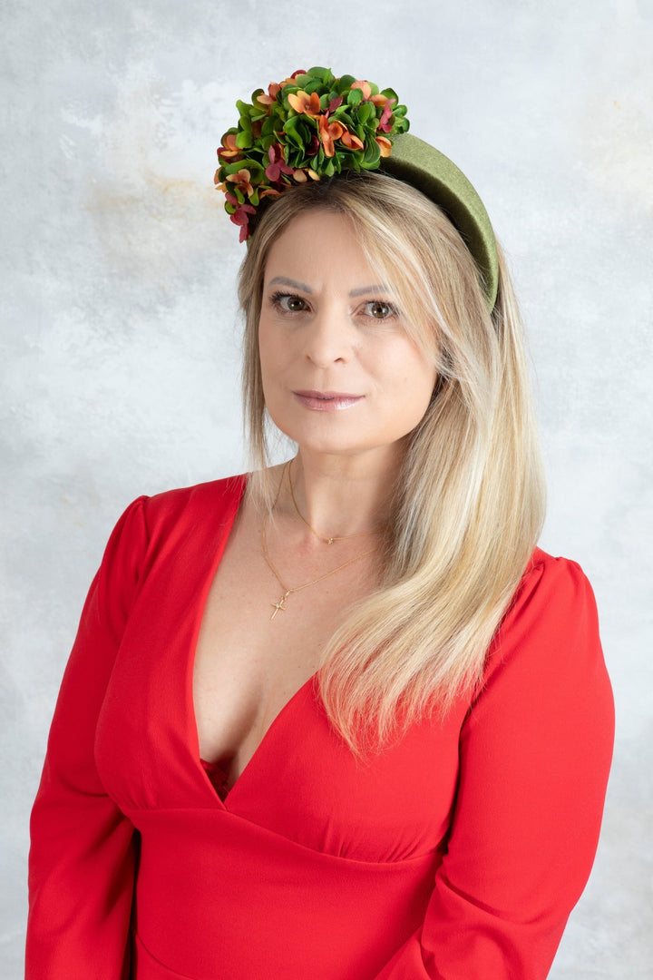 bottle green and orange padded headband fascinator - OlhaHeadband