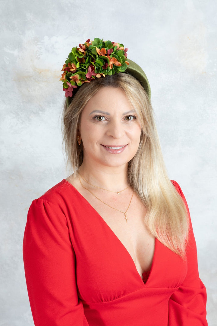 bottle green and orange padded headband fascinator - OlhaHeadband