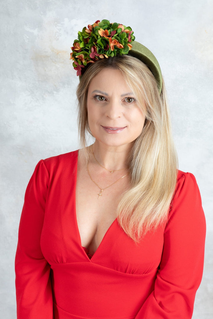 bottle green and orange padded headband fascinator - OlhaHeadband